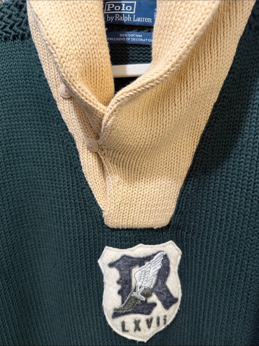 Polo by Ralph Lauren Forest Green V‑Neck Sweater with Cream Shawl Collar